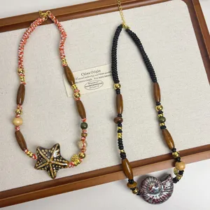 Vintage ceramic starfish shell pendant necklace handmade woven beaded clavicle chain jewelry