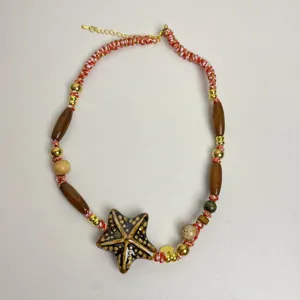 Boho ceramic starfish wooden bead braided necklace vintage collarbone chain for women