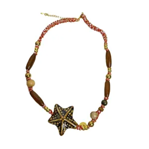 Vintage ceramic starfish pendant necklace with woven rope and wooden beads for women style