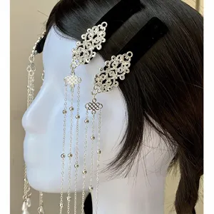 Chinese style rhinestone hair clip detail, featuring pearl tassels and metal knot design.