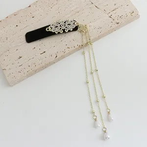 New Chinese style hair clip with rhinestone and pearl tassels, vintage ethnic Hanfu accessory.