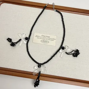 Collana di perle nere gotica Y2K con fiocchi trasparenti e accessori punk scuri