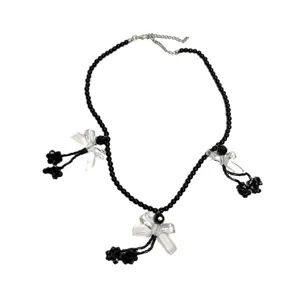 Y2K collana di perle nere fiocco estetica scura gotica girocollo accessori di gioielleria