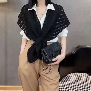 Women Solid Color Knitted Hollow Out Shawl Cape Elegant Open Front Tie Up Scarf Casual Warm Wrap Poncho Outerwear