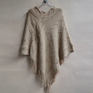 Women casual knitted tassel poncho cape sweater outerwear autumn winter beige style