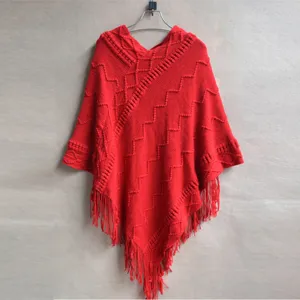 Women red knitted pullover poncho sweater, casual fringe cape knitwear for autumn spring.