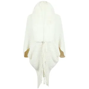 Damen Kunstpelz Kragen Strick Fransen Schal Winter warme einfarbige offene Cape Umhang