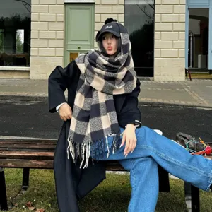 Cozy retro black and beige plaid tassel scarf for women, soft warm winter neck wrap.
