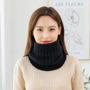 Autumn winter black knitted neck warmer, thick fleece lined thermal scarf for unisex cycling.