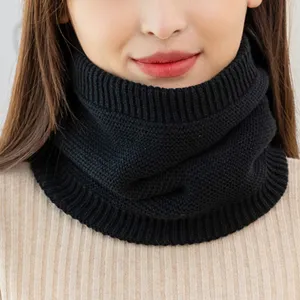 Winter thickened black knitted neck warmer, cozy solid color fleece snood scarf for adults.