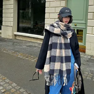 Classic retro plaid tassel scarf for women, cozy winter warm soft wrap main image.
