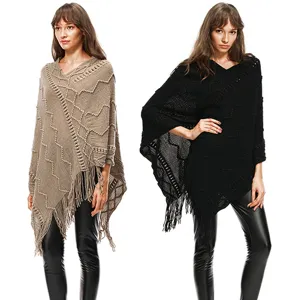 Women's casual knitted pullover tassel poncho cape autumn winter stylish batwing sweater top