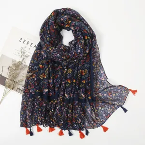 Dark blue floral print tassel scarf for women, elegant bohemian style spring autumn shawl.