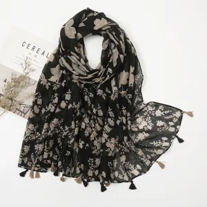 Black floral print tassel scarf, vintage literary style polyester linen feel shawl for women.
