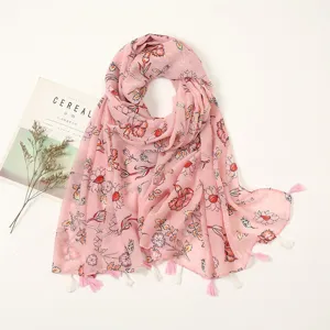 Women pink floral scarf with tassels spring summer bohemian travel photo wrap lightweight shawl