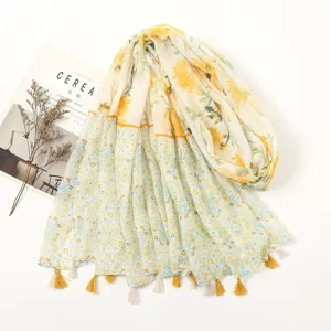 Floral print tassel scarf, lightweight and breathable material perfect for spring and summer.