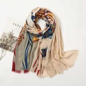 Women spring summer floral print cotton linen feel scarf ethnic vintage travel shawl details