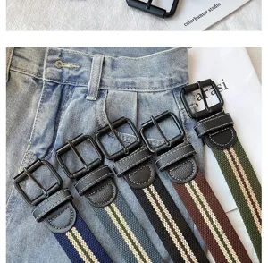 Casual canvas belt with black metal pin buckle and leather trim for men and women jeans
