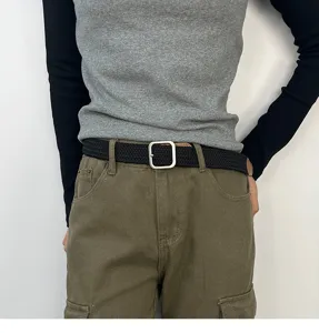 Black woven belt with square metal buckle, stylish canvas belt for men and women daily wear.