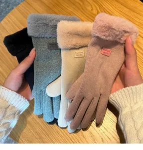 Dames winter warme gebreide handschoenen met pluche manchetten, dik winddicht touchscreen.