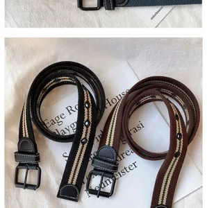 Canvas belt detail showing the black metal buckle and dual-color striped webbing texture.