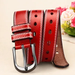 Women red leather belt hollow pin buckle casual jeans adjustable stylish waist accessory