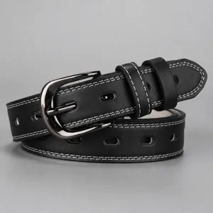 Women black leather belt pin buckle casual jeans waist belt hollow design fashion accessory