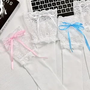 Women Lolita White Lace Trim Over The Knee Socks Sweet Bowknot Long Stockings JK Ballet Style Daily Accessories