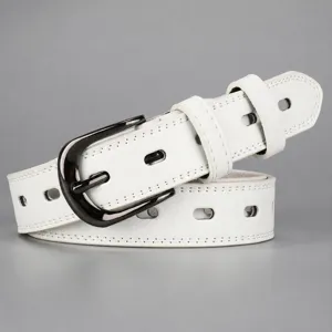 Women's white leather belt with stylish black pin buckle and hollow perforated casual design.