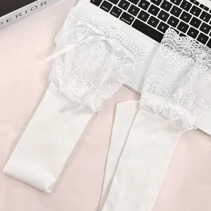 White Lolita lace over the knee socks flatlay main view, cute bow stockings for women.