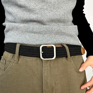 Woven belt for men and women, casual braided canvas belt with square buckle for daily wear.
