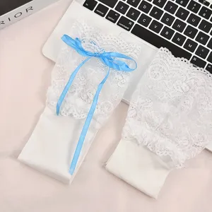 Lolita white lace over knee socks with blue bow, sweet cute JK style thigh high hosiery for women.