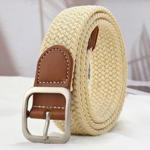 Classic beige woven belt with brown PU leather trim and silver square buckle, coiled view.
