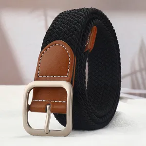 Black woven elastic belt with brown leather ends and square metal buckle for daily wear.