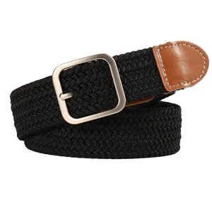 Black woven elastic belt with silver square buckle and brown leather tip for daily casual wear.