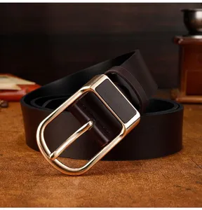 Detailed view of the men's brown leather belt with a polished gold pin buckle and fine texture.
