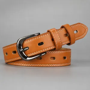 Women brown hollow leather belt with metal pin buckle casual jeans waist fashion accessory