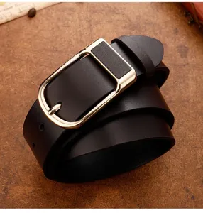 Men's leather belt with stylish golden metal buckle, casual business waist strap brown.