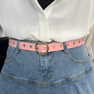 Pink heart buckle leather belt for women, cute cutout heart waist belt for jeans trousers.