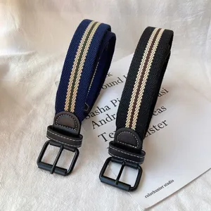 Korean style canvas belt for men and women, casual striped woven belt with metal buckle
