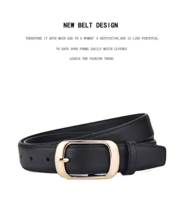 Cintura da donna in pelle nera con fibbia ad ardiglione dorata per uso quotidiano.