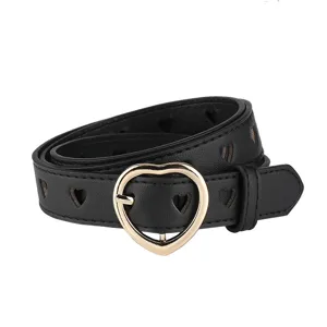 Women's black leather belt with gold heart buckle and hollow heart patterns stylish accessory.