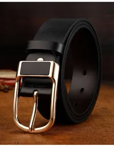 Detail shot of a classic black leather men's belt with polished gold-tone pin buckle.