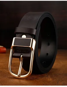 Detailed close-up view of the premium dark brown leather belt featuring a golden pin metal buckle.