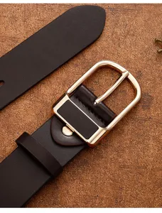 Closeup view of the dark brown men leather belt showcasing the premium gold pin metal buckle.