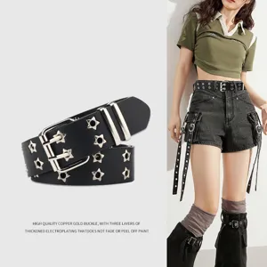 Y2K American style wide leather belt with star metal grommets and double pin buckle detail.