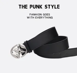 Black leather belt with punk style silver metal buckle, detailed view of fashion accessory.