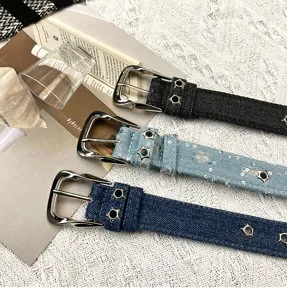 Women denim belt with star rivets and metal pin buckle stylish casual jeans decorative waistband