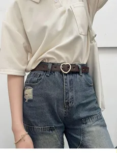 Women hollow heart belt dark brown leather fashion pants waist strap stylish accessory