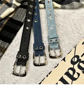 Women denim belt star rivet pin buckle jean belt korean style fashion casual waist belt decor